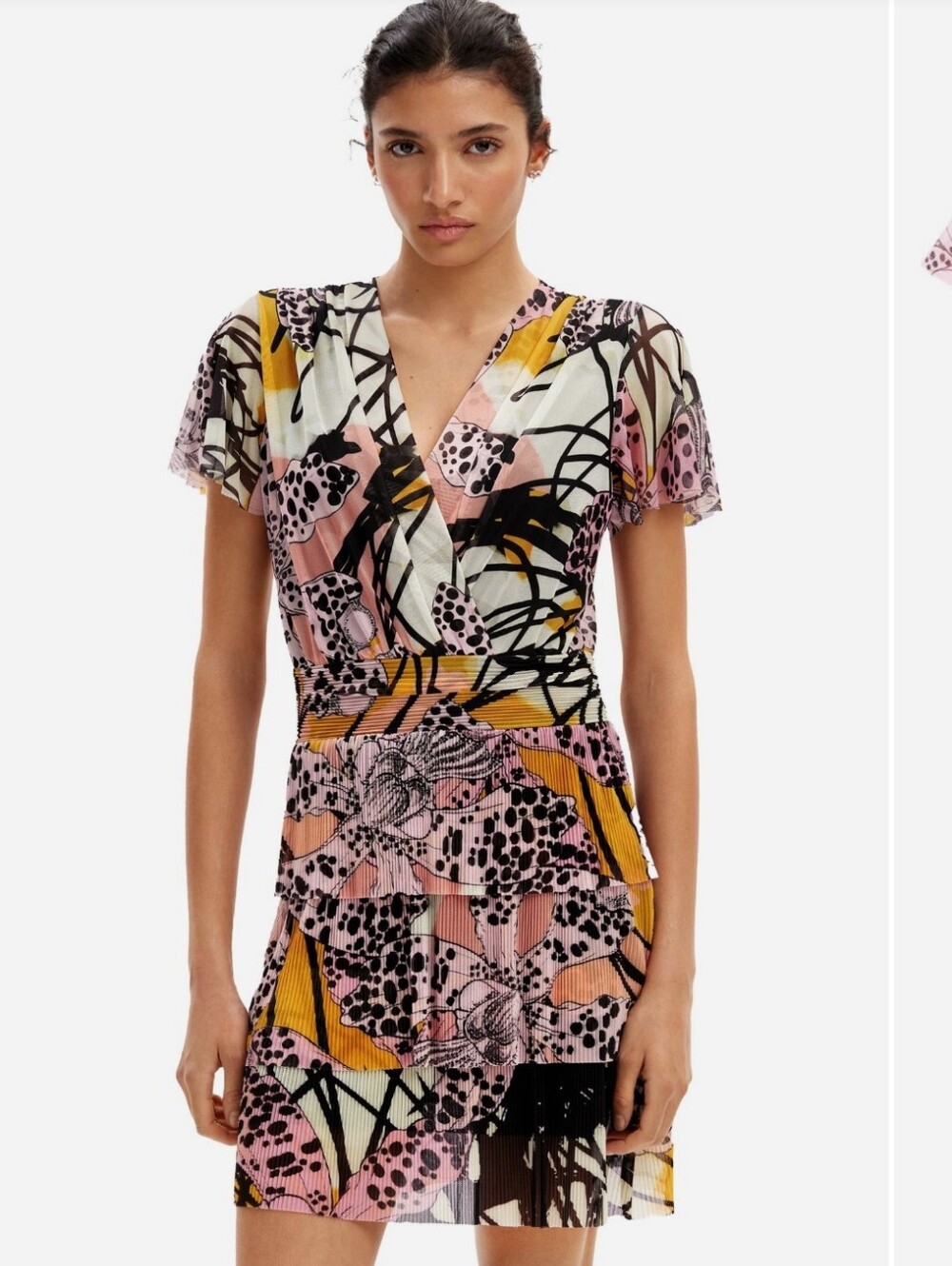 Abstract Print Tiered V-Neck Dress in Pink, Black & Mustard